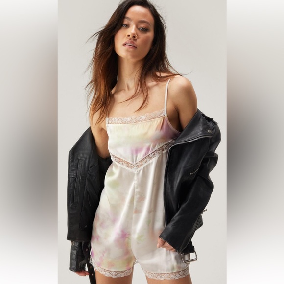 Nasty Gal Pants - NWT NASTY GAL - Tie Dye Printed Lace Trim Satin Playsuit